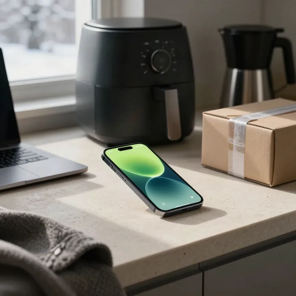 Smartphone price alert beside air fryer, laptop, coat, coffee maker and parcel on stone counter.