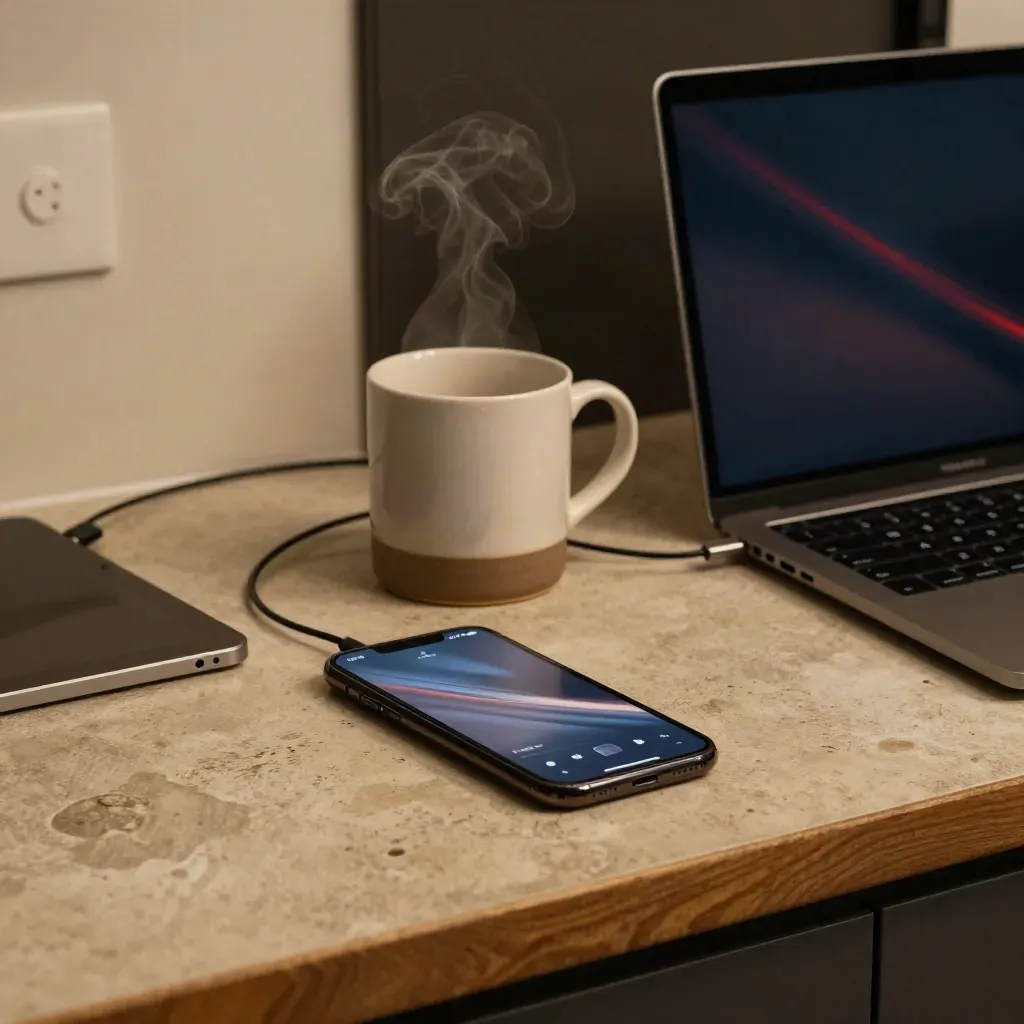 Phone and tablet beside a steaming mug and half-open laptop on a kitchen counter at midnight.