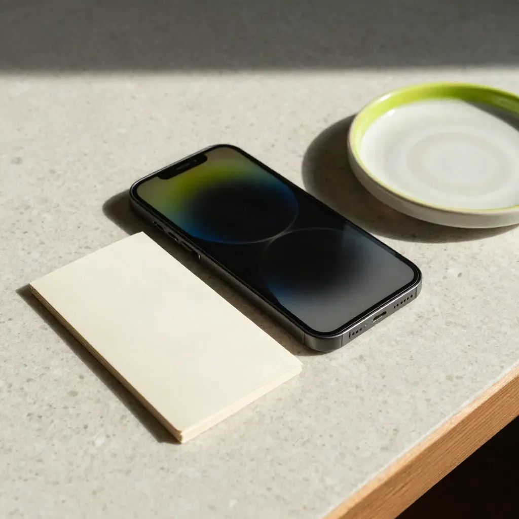 Overhead kitchen checkout still life with phone, card sleeve, receipt slip and ceramic dish.
