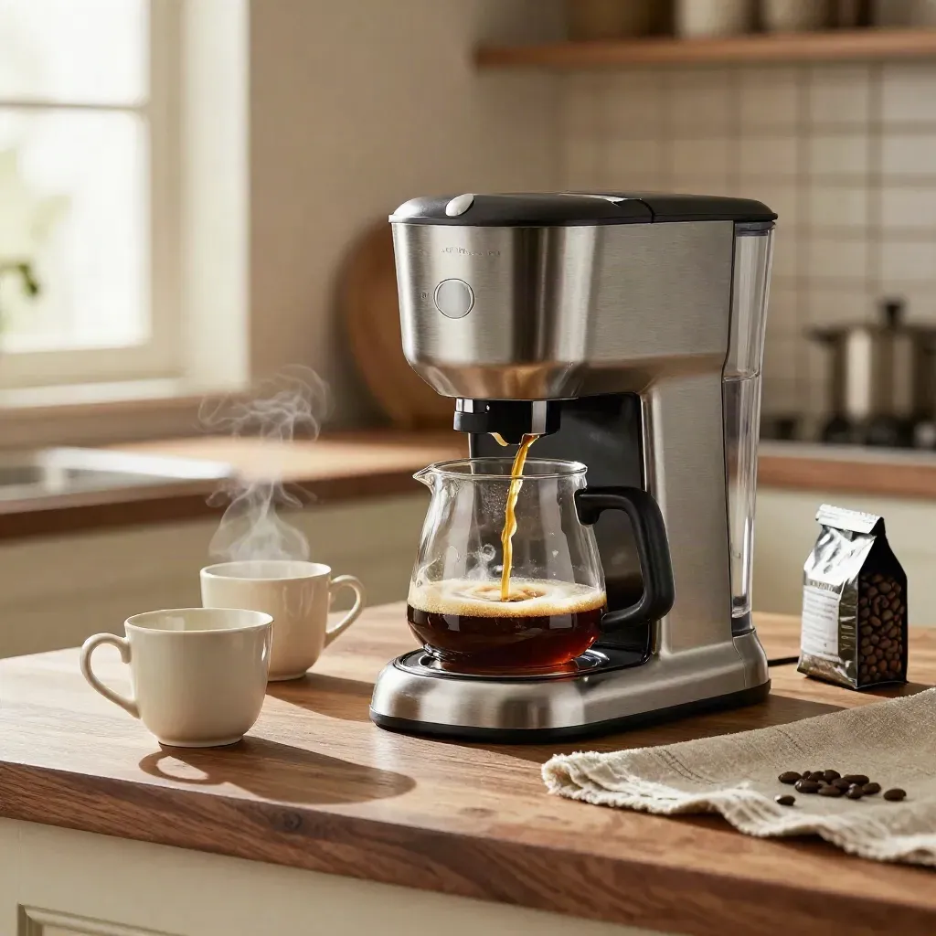 Coffee streams into a glass carafe beside two mugs and a bean bag on a warm kitchen counter.