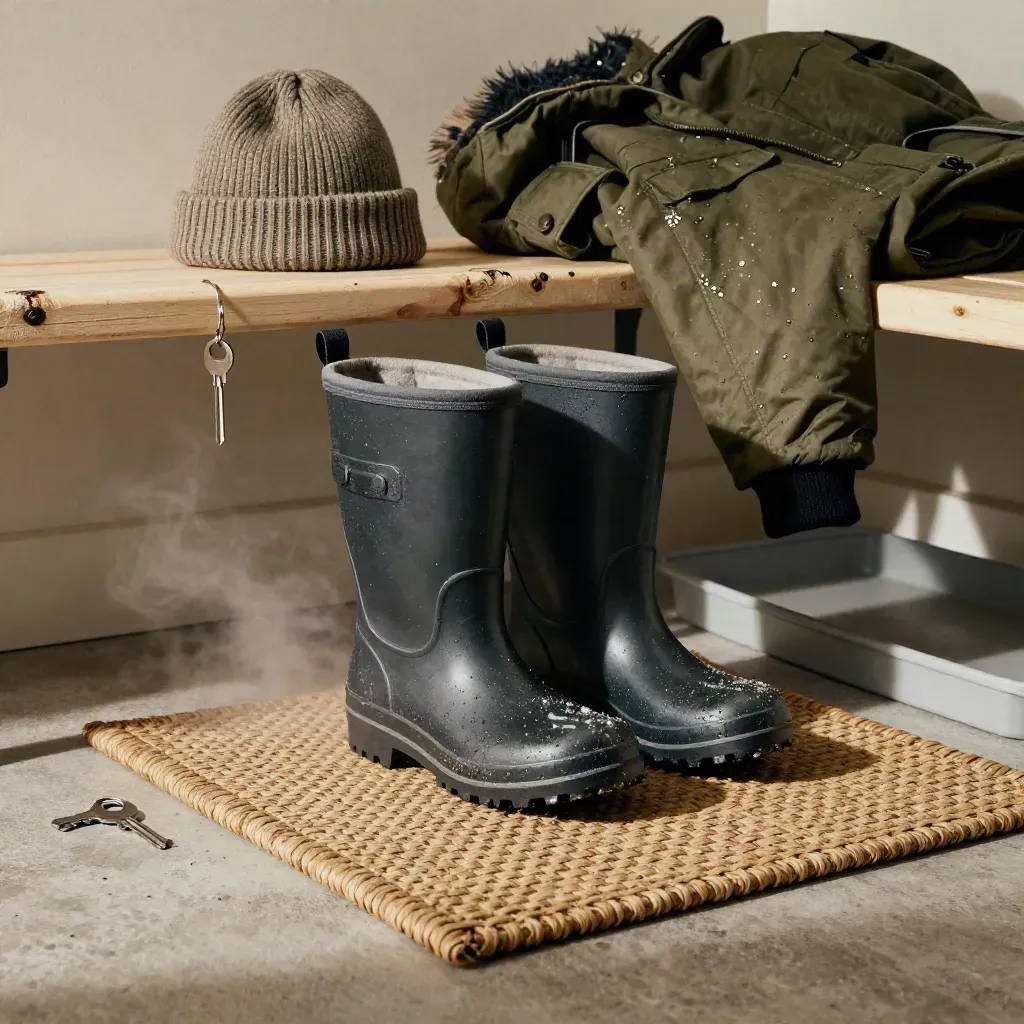 Snow boots, wool hat and folded parka beside a mudroom bench in cold mist