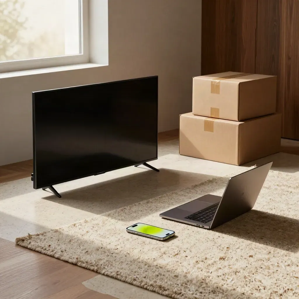Floor-level view of a TV, laptop, phone, and appliance boxes lit by pre-dawn window light.