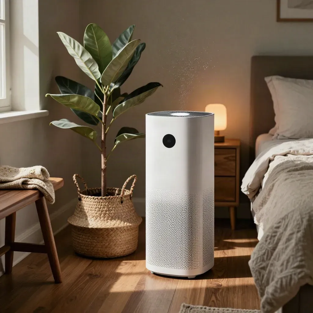 White air purifier beside a plant, woven basket and folded throw in warm bedroom light.