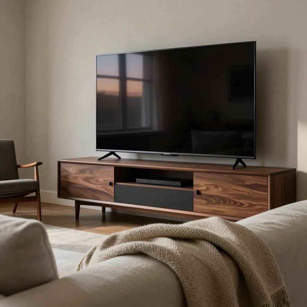 Dim living room with TV reflecting a bright window, chair, throw blanket, and media console.