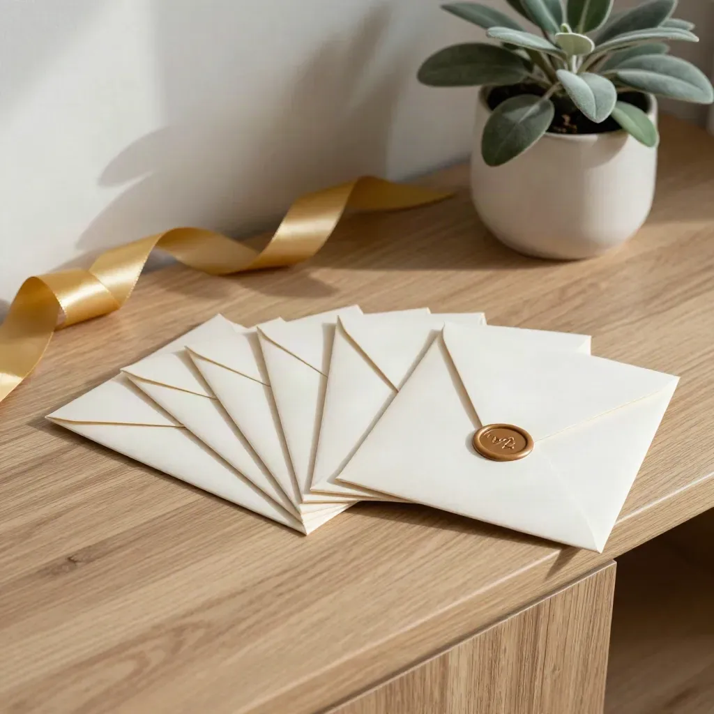 Top-down gift-card envelopes, gold ribbon, ceramic bowl and small plant on a warm oak console.