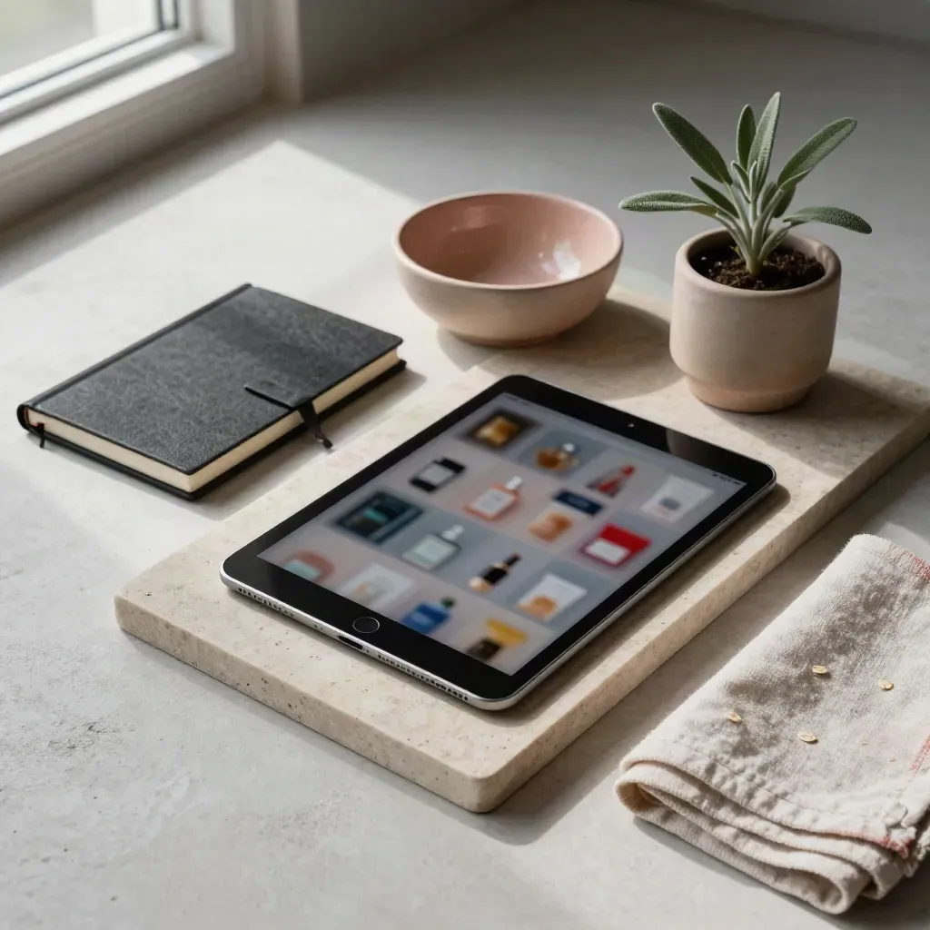 Overhead tray still life with tablet glow, notebook, bowl and plant on stone
